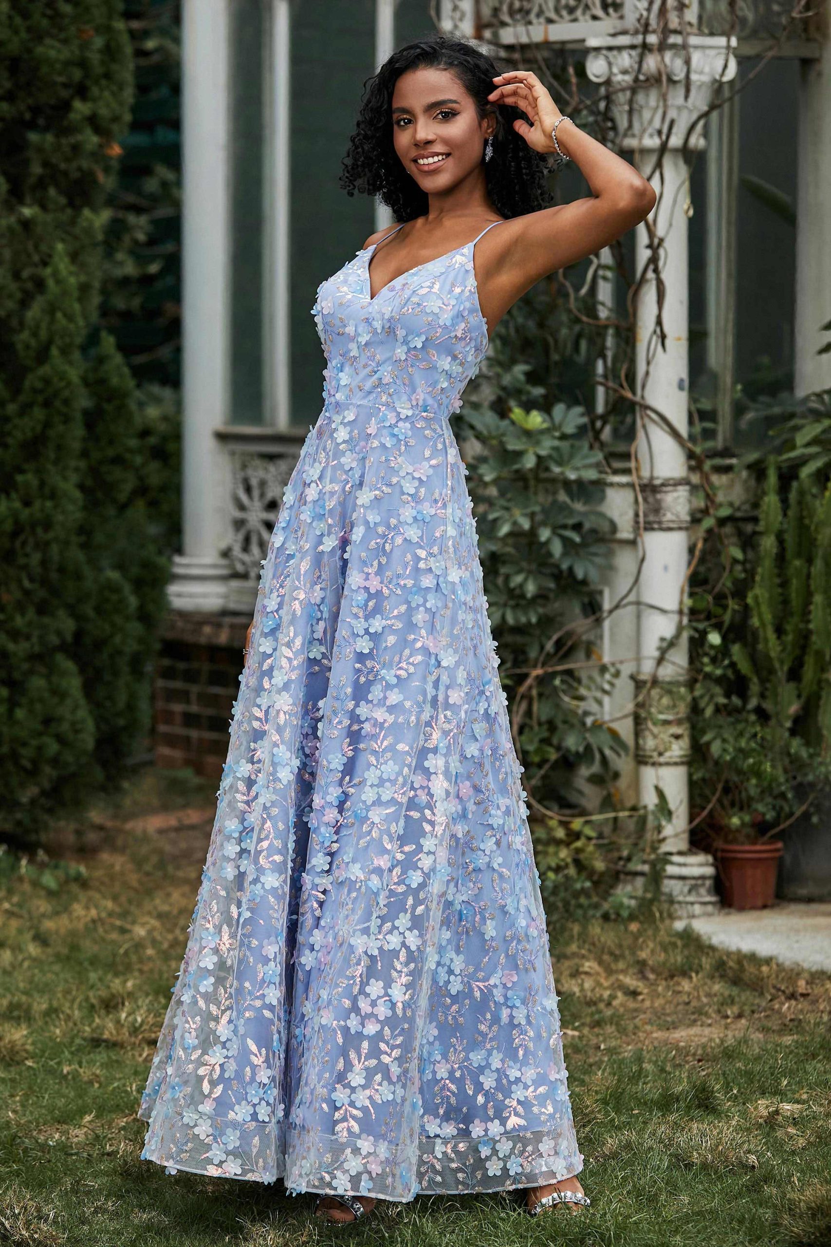 Robe en A-ligne en Dentell Florale Longueur au Sol à Col en V – Image 3