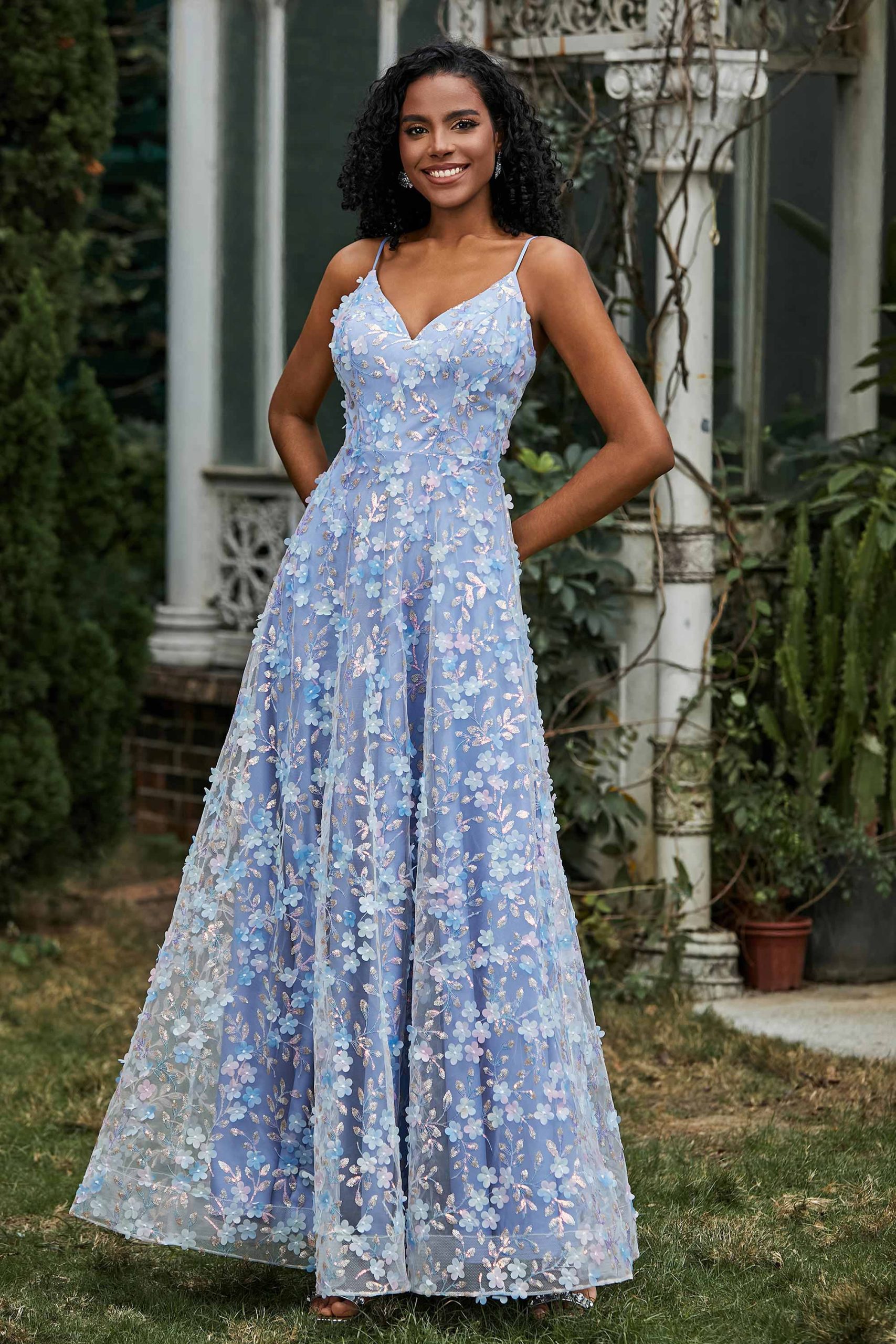 Robe en A-ligne en Dentell Florale Longueur au Sol à Col en V – Image 4