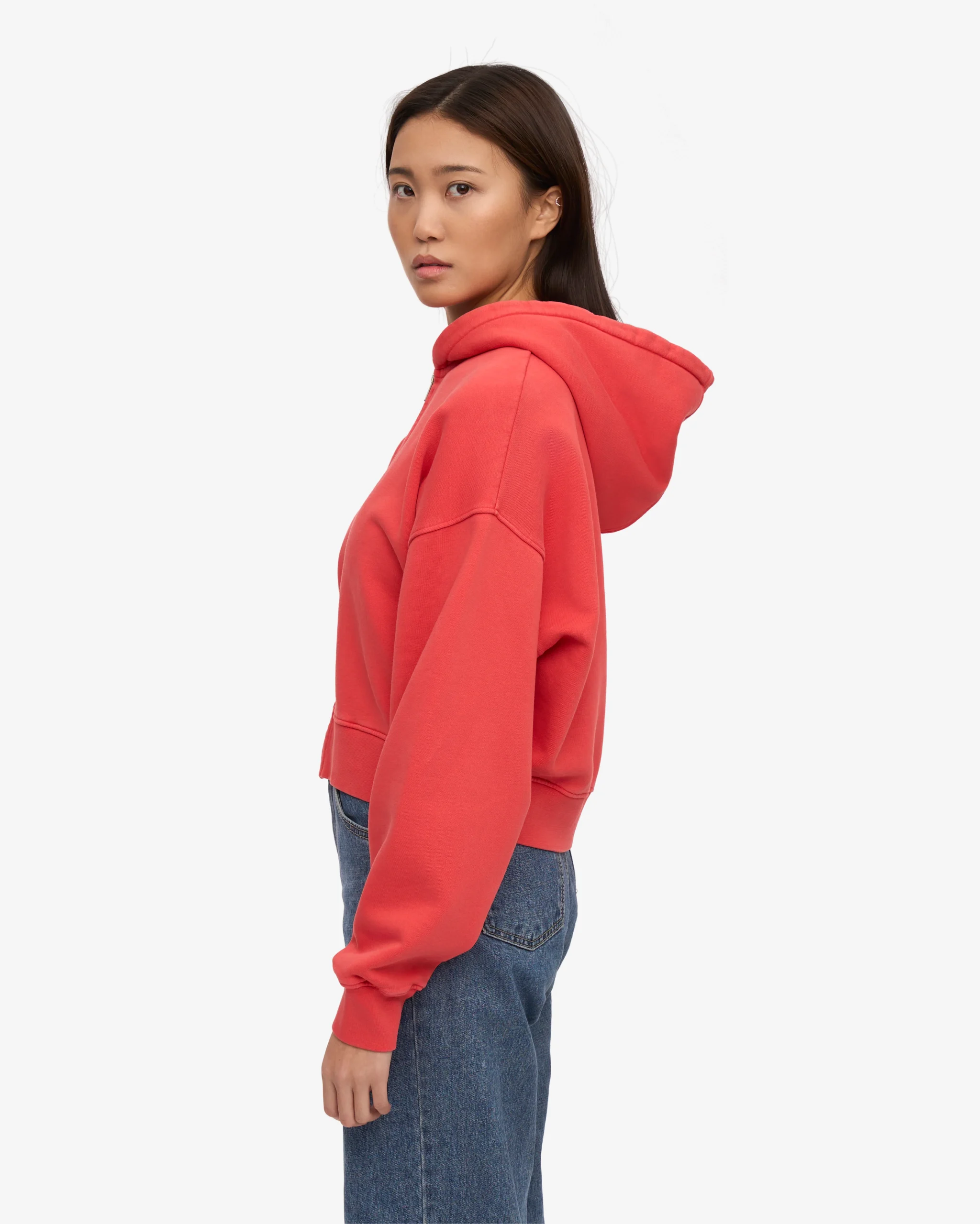 Organic Crop Zip Hood - Red Tangerine – Image 3