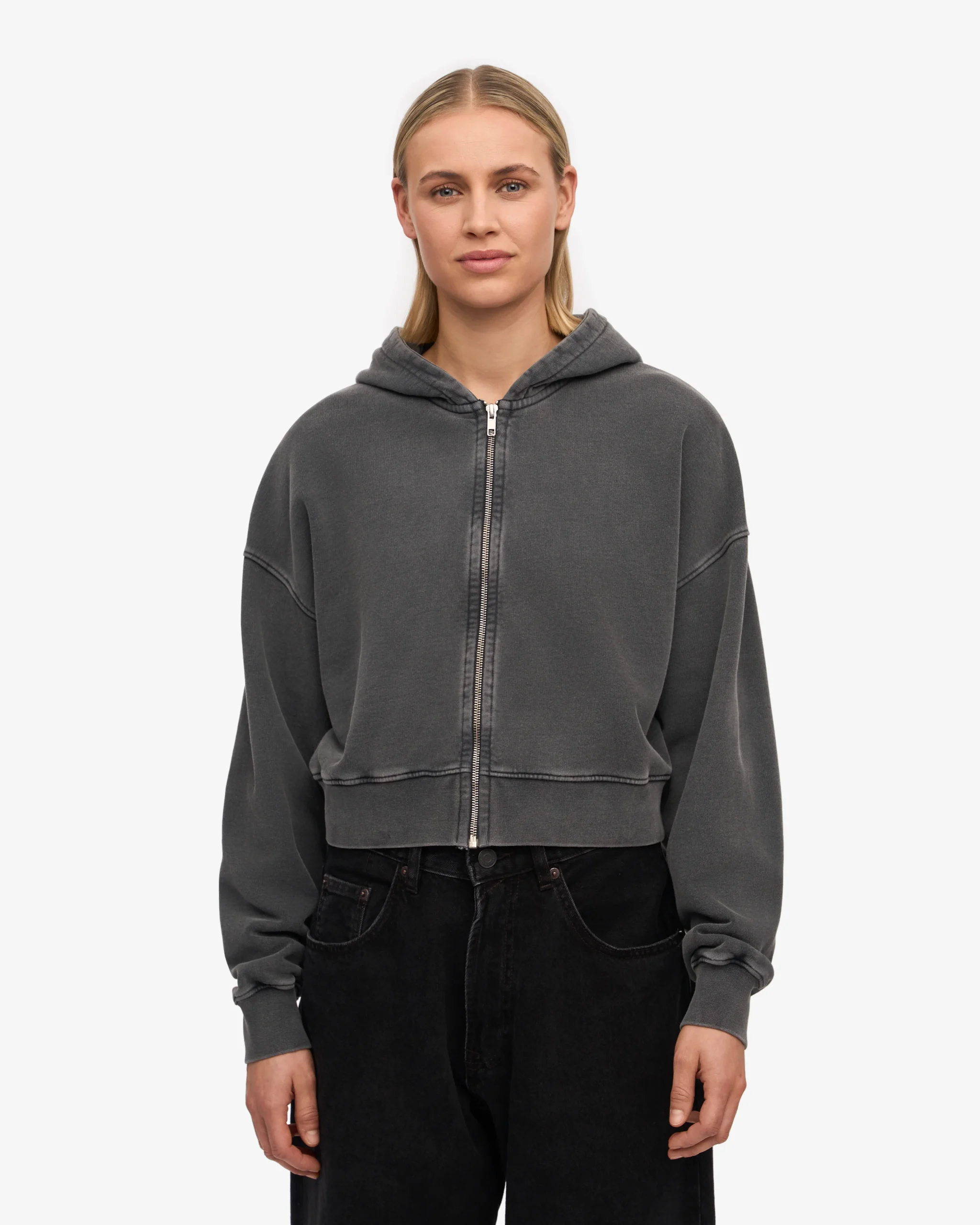 Organic Crop Zip Hood - Faded Black – Image 2